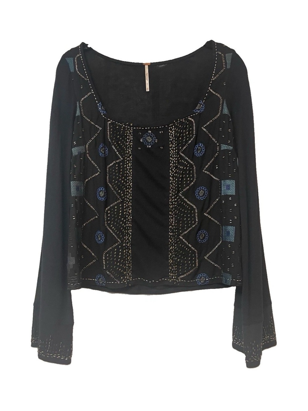 Free People Black Beaded Bell Sleeve Boho Blouse Top Square Neck Sz XS - Picture 2 of 10
